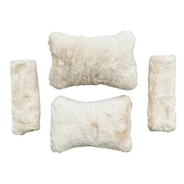 Peluş Ortopedik Araba Seyahat Boyun Yastığı Emniyet Kemer Pedi Seti Bej