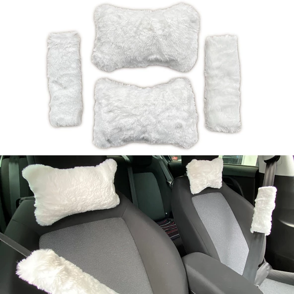 Peluş Ortopedik Araba Seyahat Boyun Yastığı Emniyet Kemer Pedi Seti Beyaz