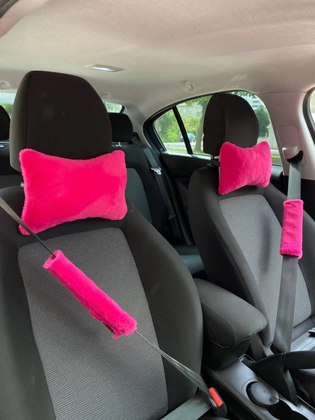 Peluş Ortopedik Araba Seyahat Boyun Yastığı Emniyet Kemer Pedi Seti Fuşya Pembe