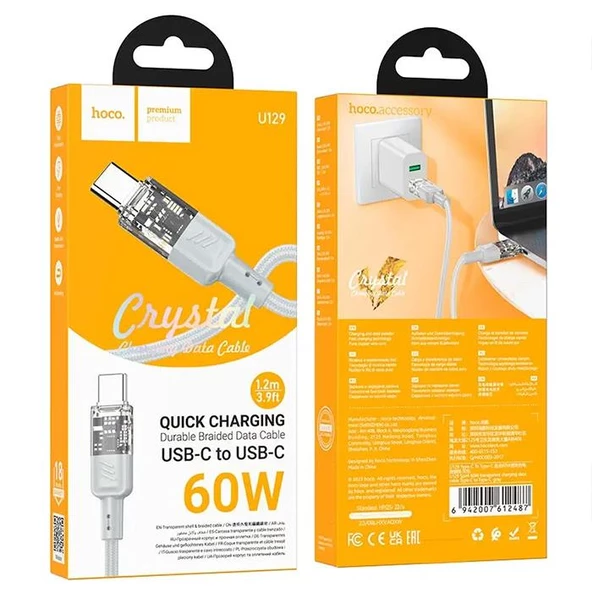 Hoco U129 Transparan Type-C to Type-C 60W Data ve Şarj Kablosu 1.2m - 3