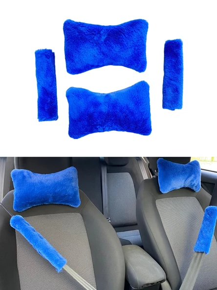 Peluş Ortopedik Araba Seyahat Boyun Yastığı Emniyet Kemer Pedi Seti Mavi