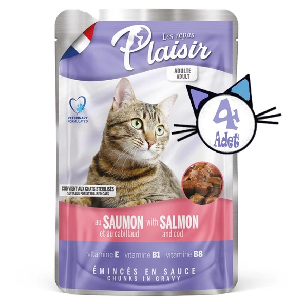 Plaisir 100Gr Pouch Salmon and Cod Somon Morina Etli 4Adet Kedi Maması - Resim 2