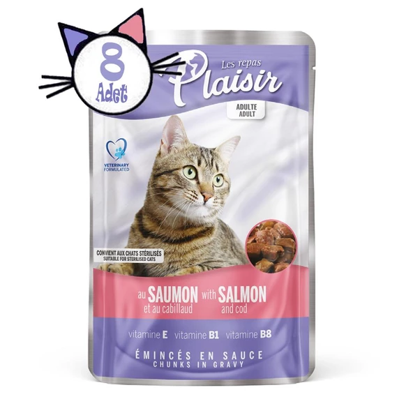 Plaisir 100Gr Pouch Salmon and Cod Somon Morina Etli 8Adet Kedi Maması - Resim 8