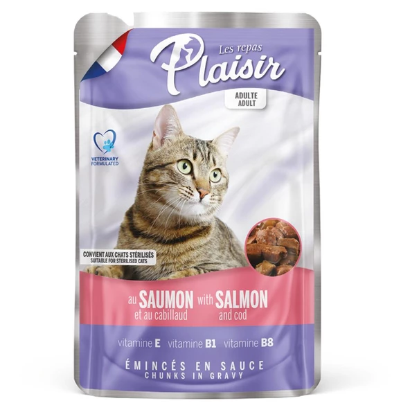 Plaisir 100Gr Pouch Salmon and Cod Somon Morina Etli 8Adet Kedi Maması - Resim 3