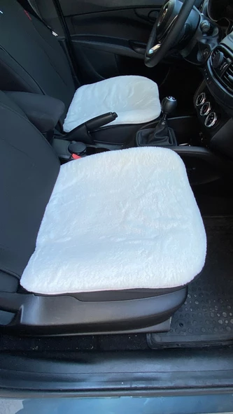 Yumuşak Tüylü Peluş Serme Oto Koltuk Koruyucu Minder Ön 2'li Beyaz