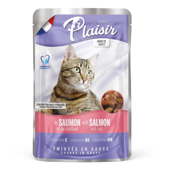 Plaisir 100Gr Pouch Salmon and Cod Somon Morina Etli 8Adet Kedi Maması - Resim 9