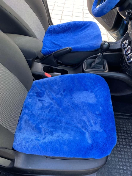Yumuşak Tüylü Peluş Serme Oto Koltuk Koruyucu Minder Ön 2'li Mavi