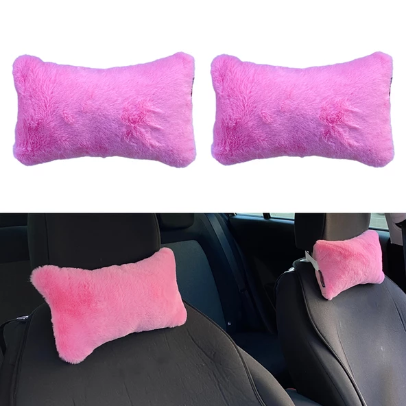 Yumuşak Peluşlu Ortopedik Araba Seyahat Boyun Yastığı 2'li Şeker Pembe
