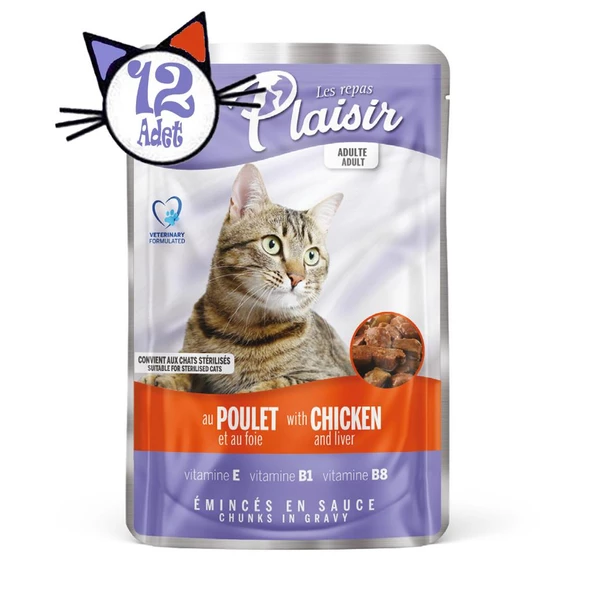Plaisir 100Gr Pouch Chicken and Liver Tavuk Etli Ciğerli 12Adet Kedi Maması - 8