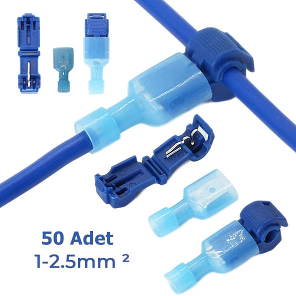 T Hızlı Kolay Kablo Ekleme Aparatı Konnektör Klips Klemens Mavi 50 Adet ürün görseli