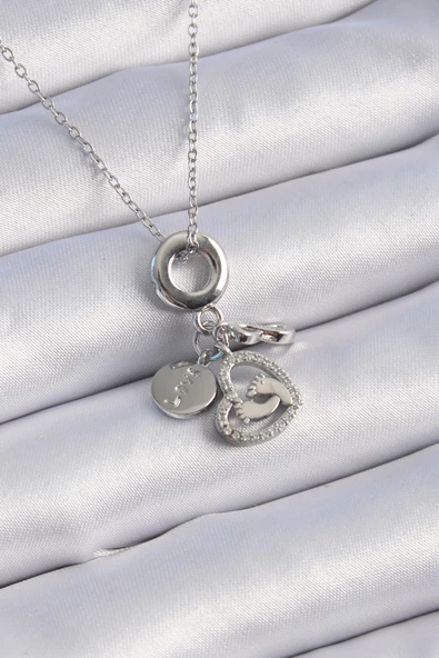316L Çelik Gümüş Renk Zirkon Taş Detay Kalp Model Charm Kadın Kolye - TJ-BKO9305 - 1