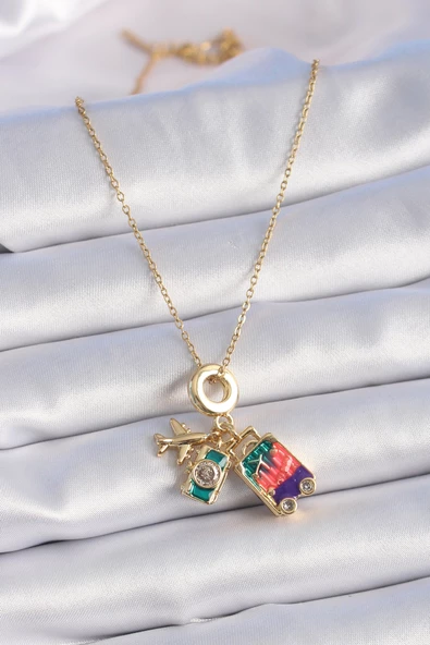 316L Çelik Gold Renk Zirkon Taşlı Uçak Bavul Figür Charm Model Kadın Kolye - TJ-BKO9318 - Resim 2