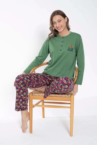 Senfoni Kadın Düğmeli Yaka Uzun Kol Pamuklu Pijama Takımı 6031 -1 Adet  Yeşil S - M - Resim 5