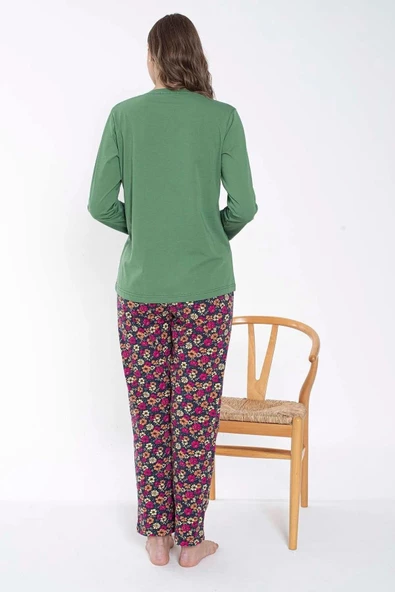 Senfoni Kadın Düğmeli Yaka Uzun Kol Pamuklu Pijama Takımı 6031 -1 Adet  Yeşil S - M - Resim 3