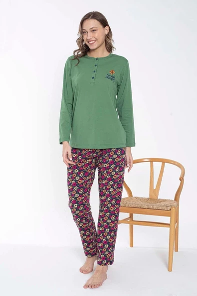 Senfoni Kadın Düğmeli Yaka Uzun Kol Pamuklu Pijama Takımı 6031 -1 Adet  Yeşil S - M - Resim 2