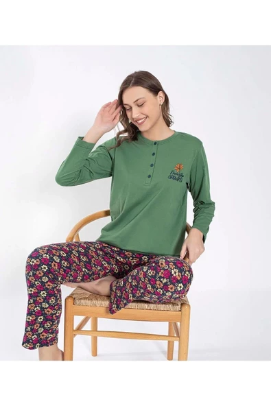 Senfoni Kadın Düğmeli Yaka Uzun Kol Pamuklu Pijama Takımı 6031 -1 Adet  L Yeşil