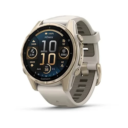 Garmin Fenix 8 - 43 mm AMOLED Sapphire Soft Gold ve Gri/Kum Taşı Silikon Kayışlı