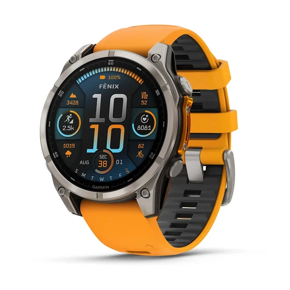 Garmin Fenix 8 – 47mm AMOLED Sapphire Titanyum Turuncu/Grafit Silikon Kayışlı