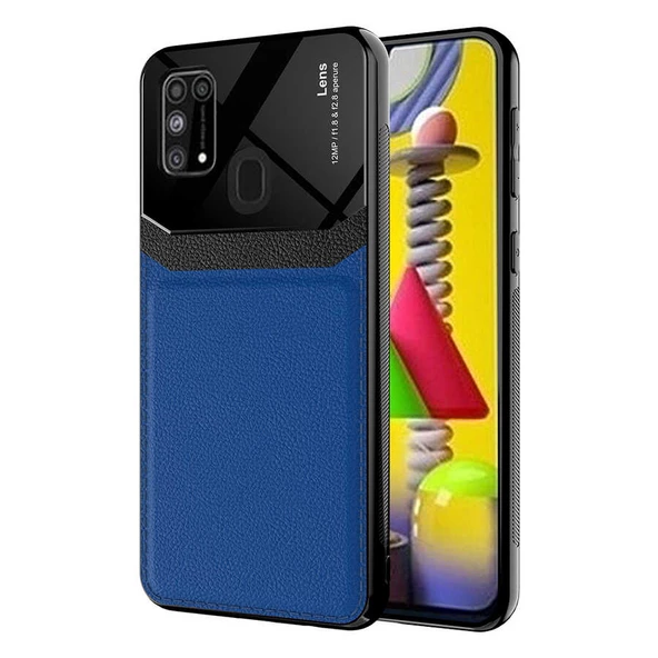 Samsung Galaxy M31 - Kılıf Deri Görünümlü Parlak Mika Tasarımlı Emiks Kapak