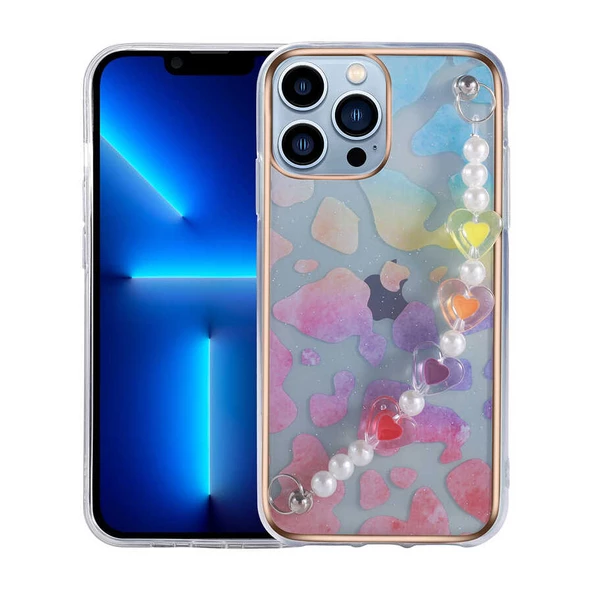 Apple iPhone 12 Pro Max - Kılıf Desenli Boncuklu El Tutmaçlı Koruyucu Pilla Kapak ürün görseli