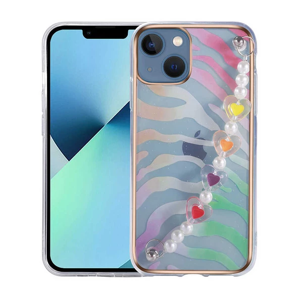 Apple iPhone 13 - Kılıf Desenli Boncuklu El Tutmaçlı Koruyucu Pilla Kapak ürün görseli