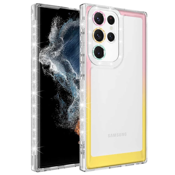 Samsung Galaxy S22 Ultra - Kılıf Simli ve Renk Geçiş Tasarımlı Lens Korumalı Park Kapak