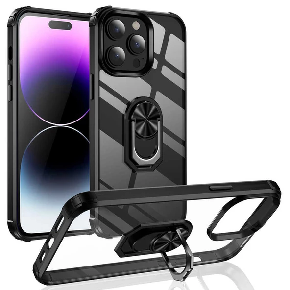 Apple iPhone 14 Pro - Kılıf Yüzüklü Arkası Şeffaf Koruyucu Mola Kapak
