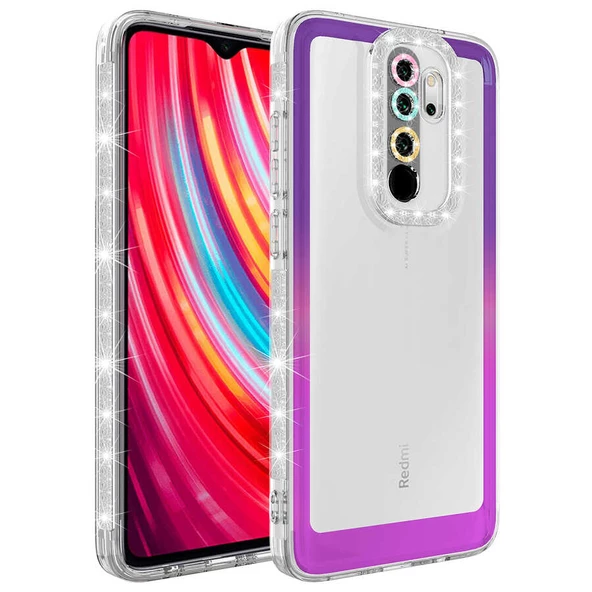 Xiaomi Redmi Note 8 Pro - Kılıf Simli ve Renk Geçiş Tasarımlı Lens Korumalı Park Kapak