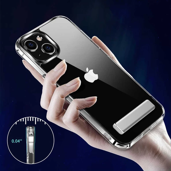 Apple iPhone 14 - Kılıf Standlı Şeffaf Silikon L-Stand Kapak - Resim 3