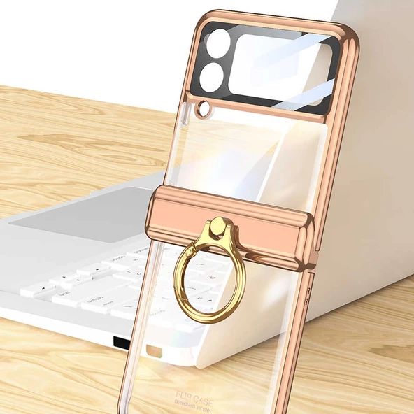 Samsung Galaxy Z Flip 4 - Kılıf Kıpta Yüzüklü Lens Korumalı Kapak