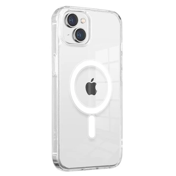 Apple iPhone 14 Plus - Kılıf Magsafe Şarj Özellikli Şeffaf Sert PC Embos Kapak