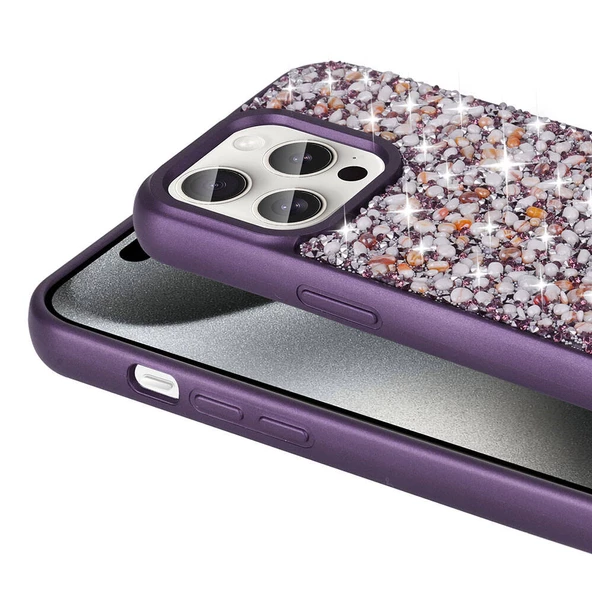 Apple iPhone 15 Pro Max - Kılıf Parlak Taşlı Tasarım Linea Diamond Kapak - Resim 6