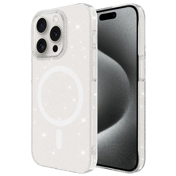 Apple iPhone 15 Pro Max - Kılıf Magsafe Şarj Özellikli Simli Şeffaf Arka Yüzey Erdos Silikon Kapak ürün görseli