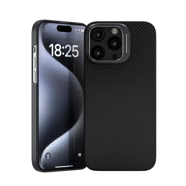 Apple iPhone 15 Pro - Kılıf Magsafe Şarj Özellikli 600D Kevlar Krek Karbon Standlı Kapak ürün görseli