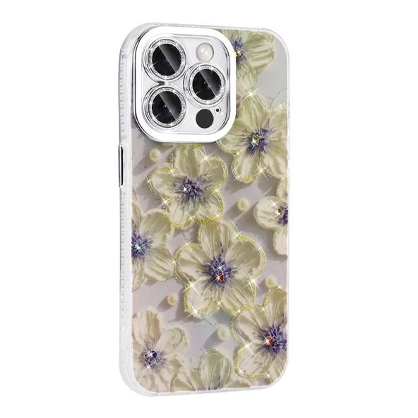 Apple iPhone 15 Pro Max - Kılıf Çiçek Desenli Parlak Taşlı Sert Silikon Garden Kapak - Resim 7