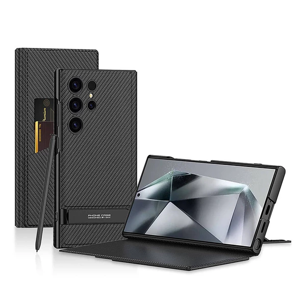 Samsung Galaxy S24 Ultra - Kılıf Kamera Korumalı Karbon Tasarım Droga Standlı Kartlıklı Kapaklı Kılıf ürün görseli