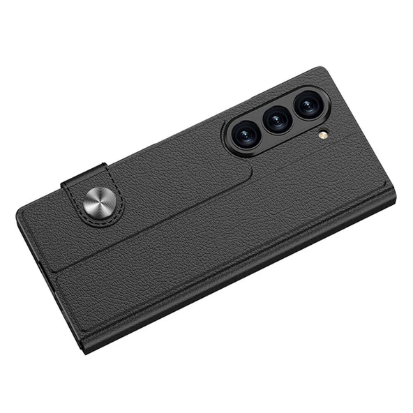 Samsung Galaxy Z Fold 6 - Kılıf Suni Deri Tasarımlı Magnetik Tokalı ve Kartlıklı Kıpta Zegna Kapak - Resim 2