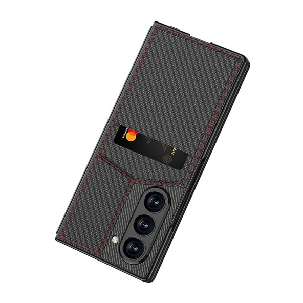 Samsung Galaxy Z Fold 6 - Kılıf Karbon Fiber Kartlıklı Kıpta Dik Açılan Kartlıklı Kapak - Resim 3