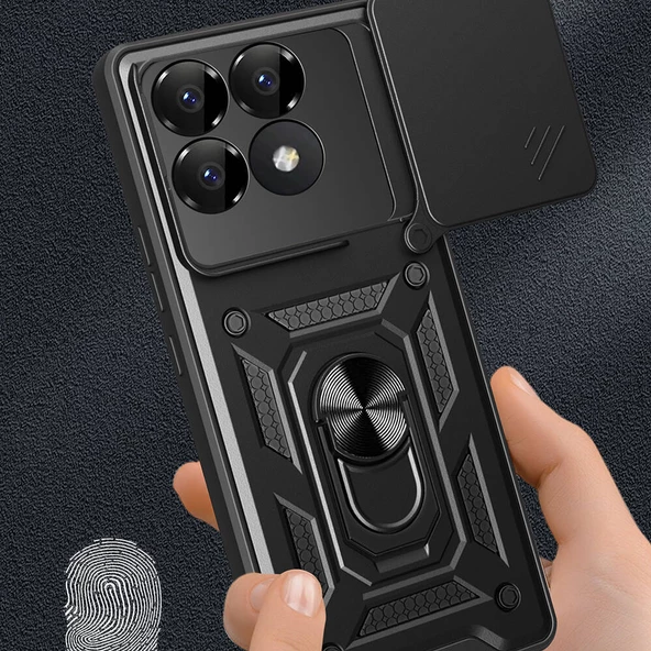 Xiaomi Poco F6 Pro - Kılıf Magnetik Standlı Kamera Korumalı Sürgülü Vega Kapak - Resim 3