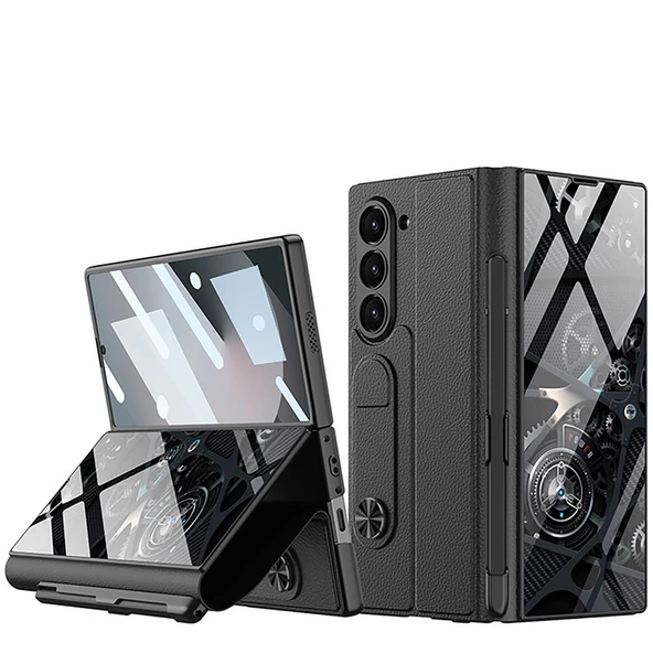 Samsung Galaxy Z Fold 6 - Kılıf Kamera Korumalı Kartlıklı Kalem Bölmeli Kıpta Marble Drago Kılıf - Resim 2