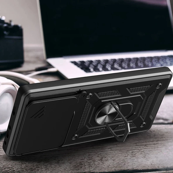 Xiaomi Poco F6 - Kılıf Magnetik Standlı Kamera Korumalı Sürgülü Vega Kapak - Resim 4