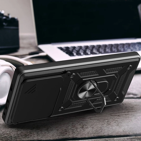 Huawei Pura 70 Pro 5G - Kılıf Magnetik Standlı Kamera Korumalı Sürgülü Vega Kapak - Resim 4