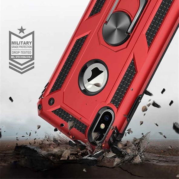 Apple iPhone X - Kılıf Yüzüklü Zırh Tank Vega Kapak - Resim 7