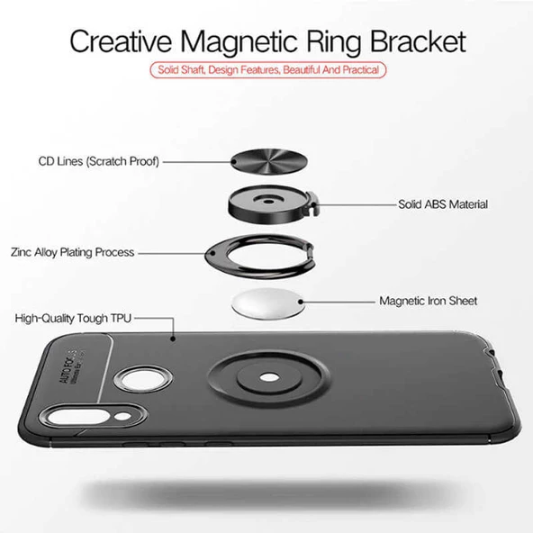 Huawei P Smart 2019 - Kılıf Yüzüklü Karbon Ravel Silikon Kapak - Resim 3