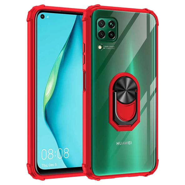 Huawei P40 Lite - Kılıf Yüzüklü Arkası Şeffaf Koruyucu Mola Kapak