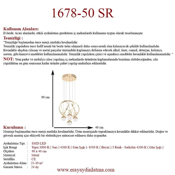 Eray Aydınlatma 1688-50 SR 4 Toplu Gold Led Avize - 4