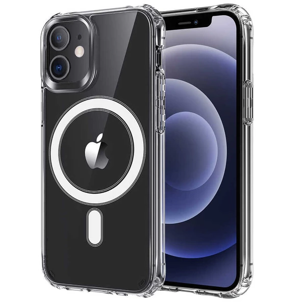 Apple iPhone 12 Mini - Kılıf Wireless Şarj Özellikli Şeffaf Sert Koruyucu Tacsafe Kapak