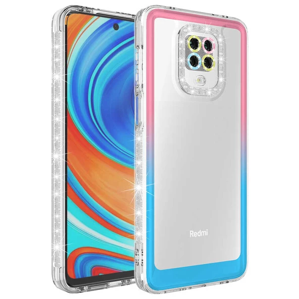 Xiaomi Redmi Note 9 Pro - Kılıf Simli ve Renk Geçiş Tasarımlı Lens Korumalı Park Kapak