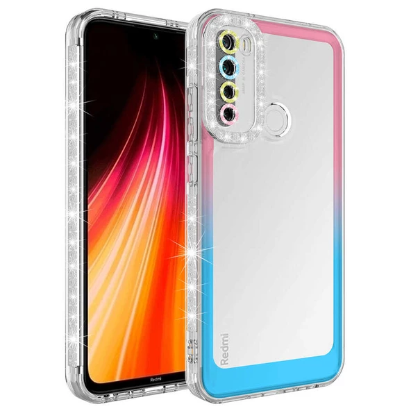 Xiaomi Redmi Note 8 - Kılıf Simli ve Renk Geçiş Tasarımlı Lens Korumalı Park Kapak