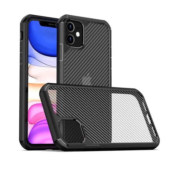 Apple iPhone 11 - Kılıf Karbon Fiber Tasarımlı İnoks Kapak ürün görseli 1